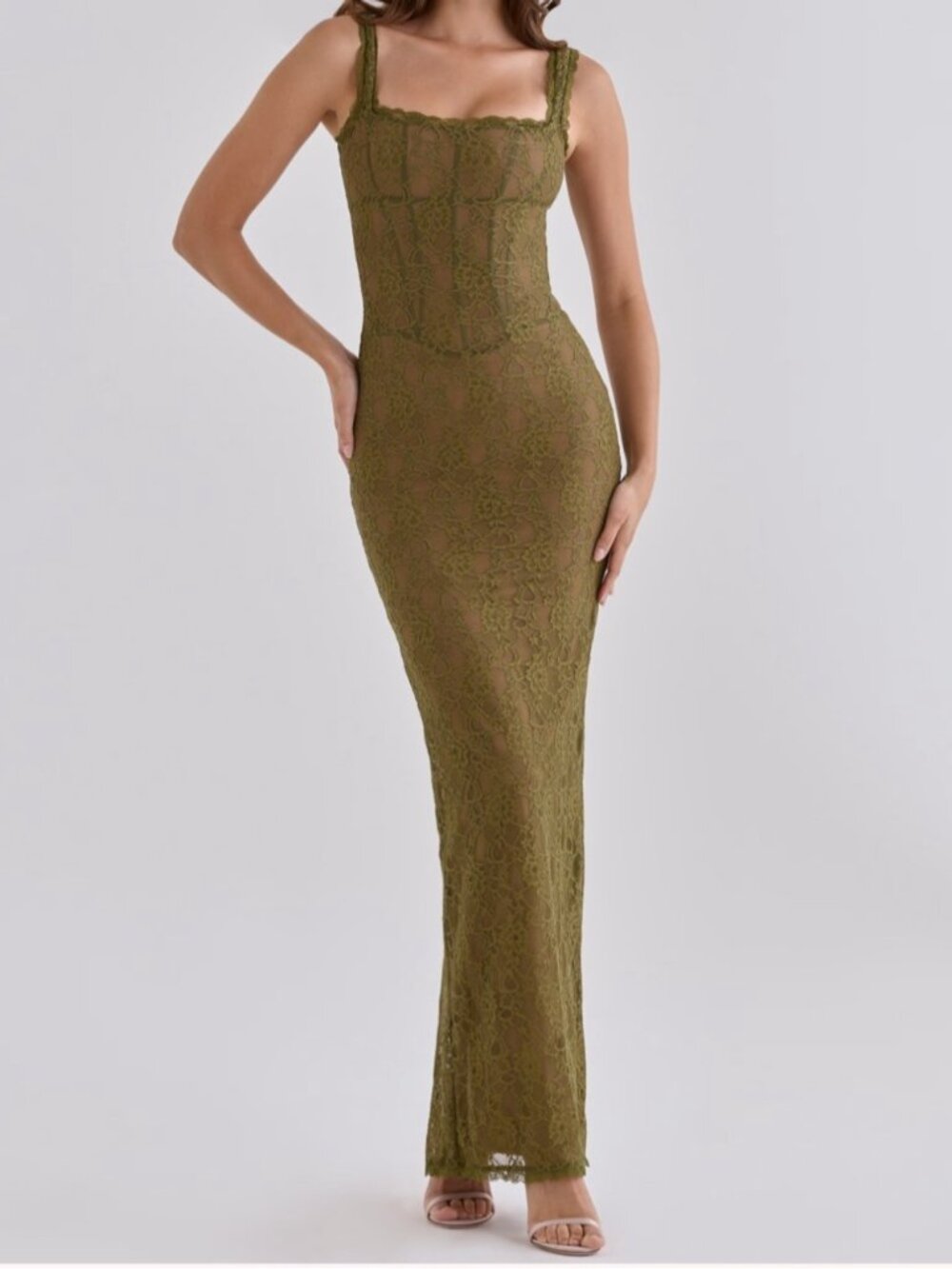 House of CB Aureliana Olive Lace Corset Maxi Dress XS